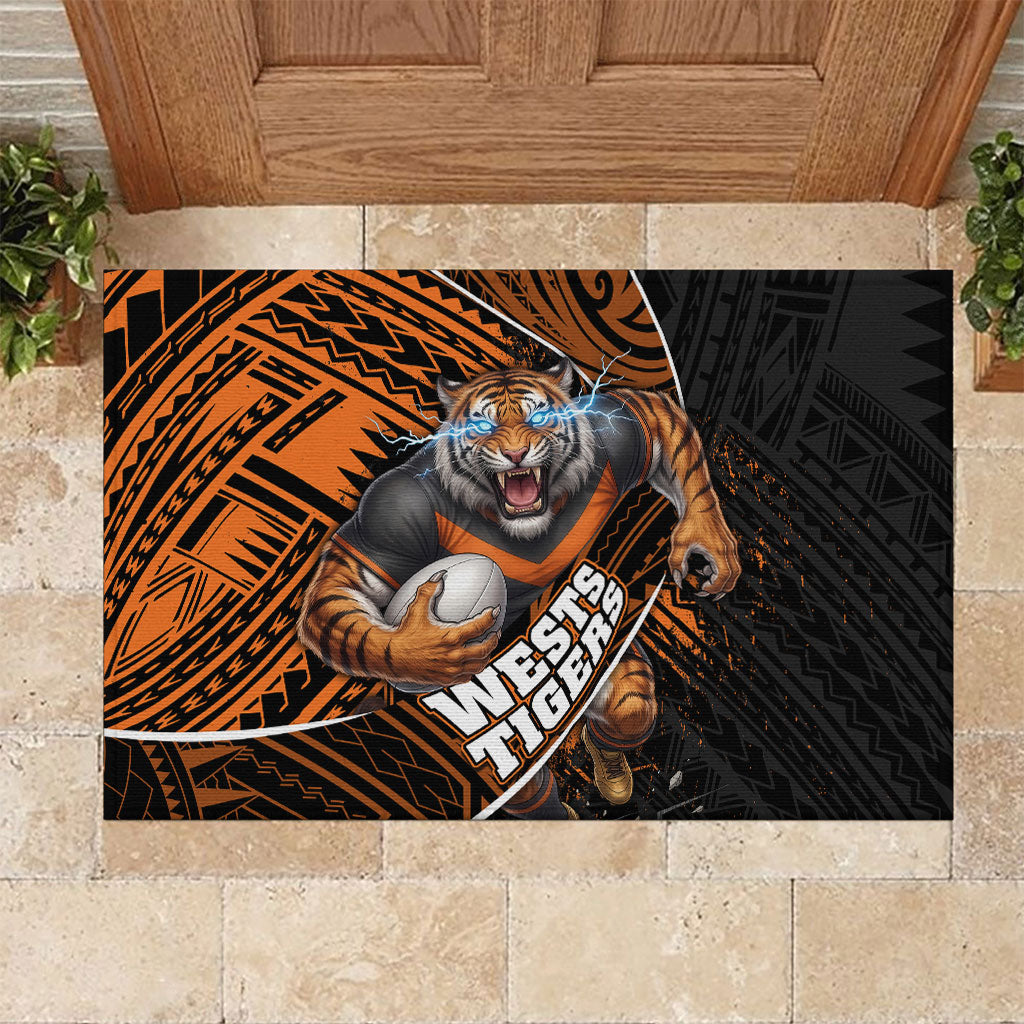 Wests Tigers Rugby Rubber Doormat Tribal Polynesian Power Art - Lightning Mascot