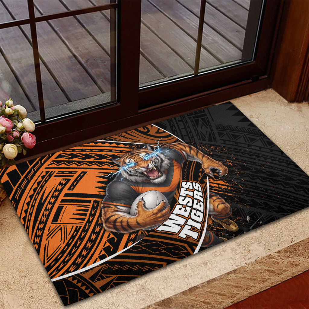 Wests Tigers Rugby Rubber Doormat Tribal Polynesian Power Art - Lightning Mascot