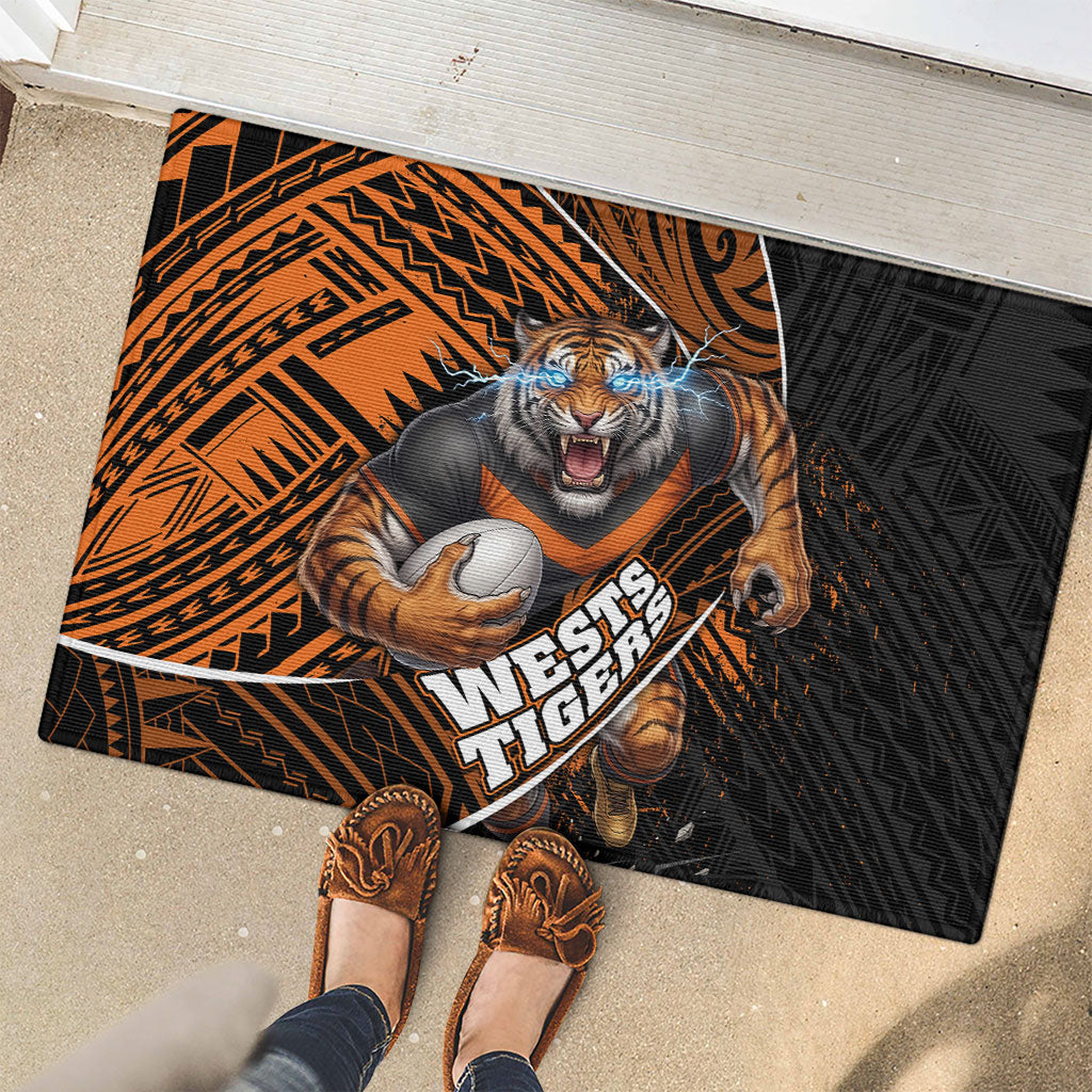 Wests Tigers Rugby Rubber Doormat Tribal Polynesian Power Art - Lightning Mascot