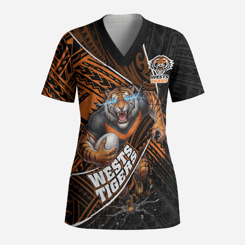 Wests Tigers Rugby Scrub Top Tribal Polynesian Power Art - Lightning Mascot