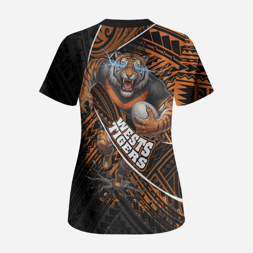 Wests Tigers Rugby Scrub Top Tribal Polynesian Power Art - Lightning Mascot