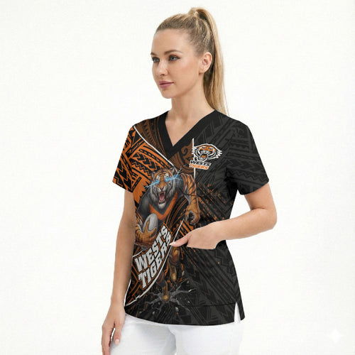 Wests Tigers Rugby Scrub Top Tribal Polynesian Power Art - Lightning Mascot