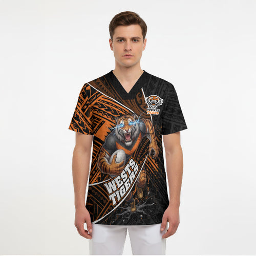 Wests Tigers Rugby Scrub Top Tribal Polynesian Power Art - Lightning Mascot