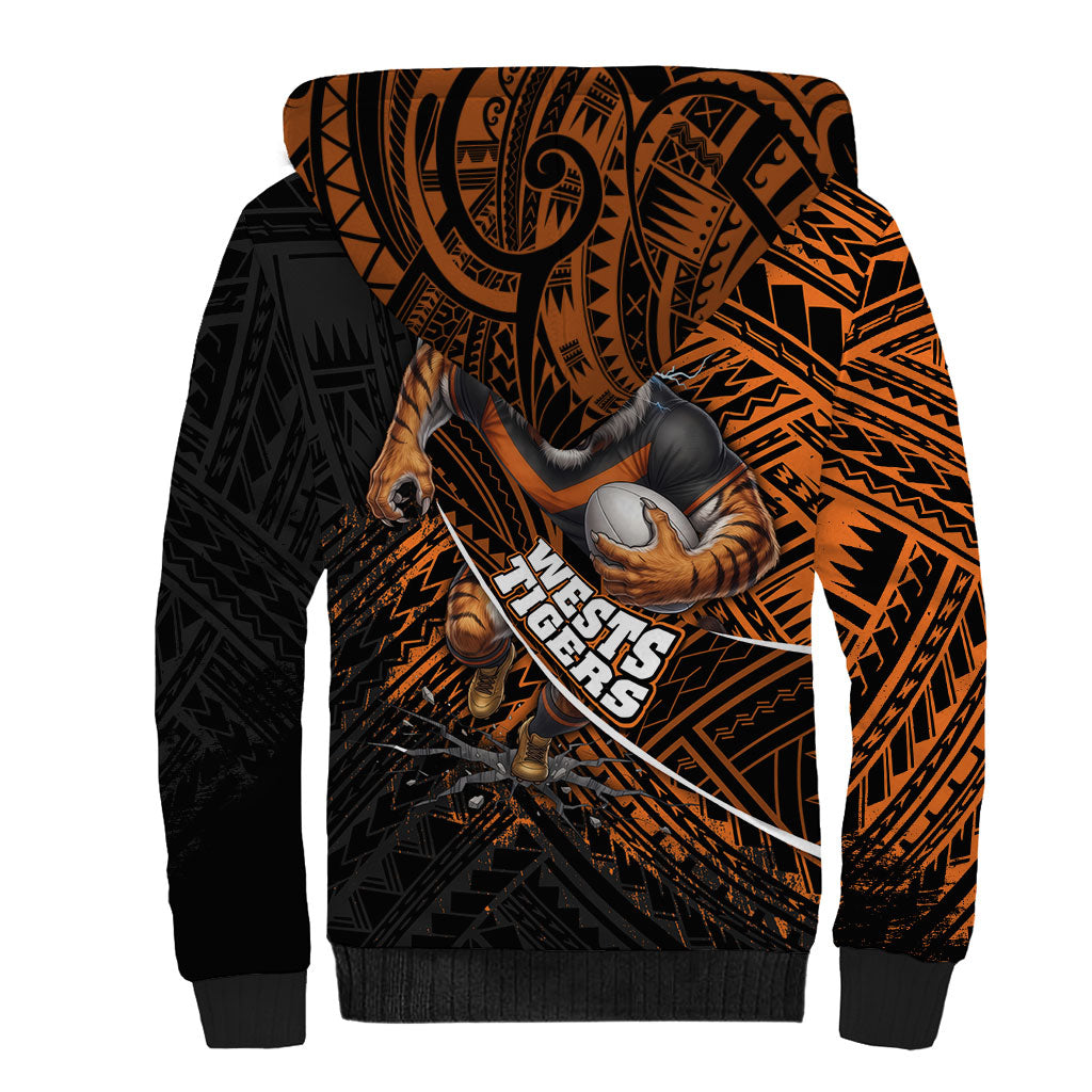 Wests Tigers Rugby Sherpa Hoodie Tribal Polynesian Power Art - Lightning Mascot