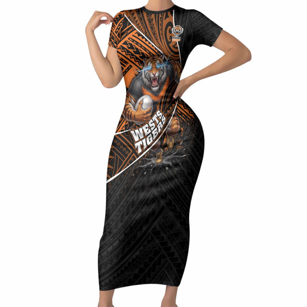 Wests Tigers Rugby Short Sleeve Bodycon Dress Tribal Polynesian Power Art - Lightning Mascot