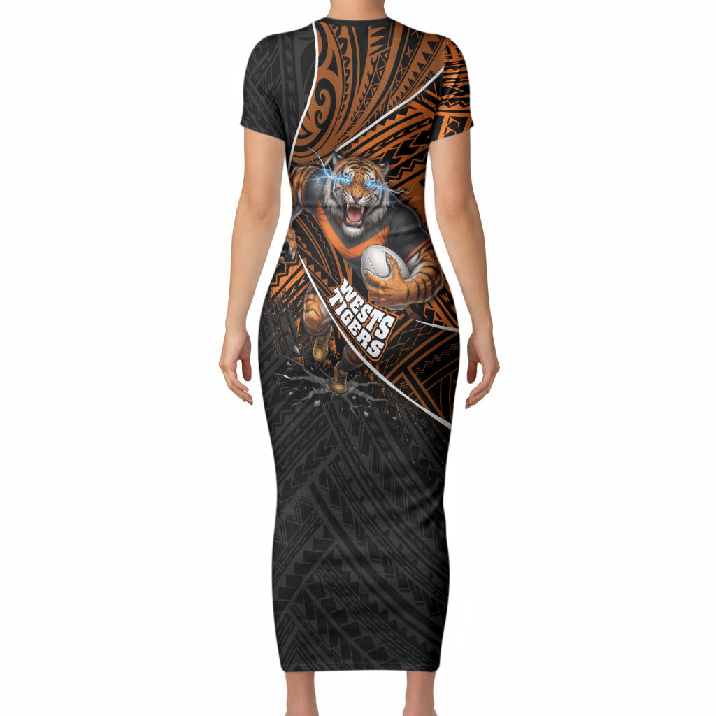 Wests Tigers Rugby Short Sleeve Bodycon Dress Tribal Polynesian Power Art - Lightning Mascot