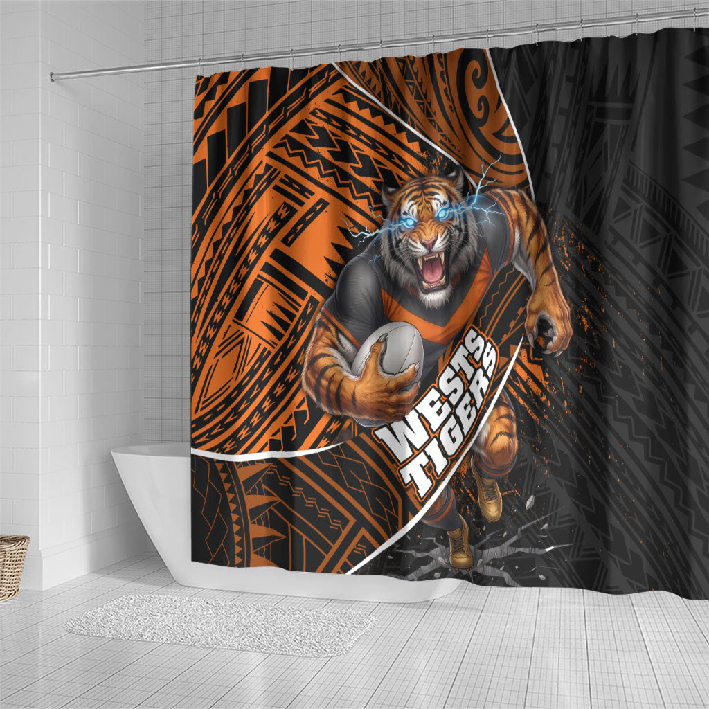 Wests Tigers Rugby Shower Curtain Tribal Polynesian Power Art - Lightning Mascot
