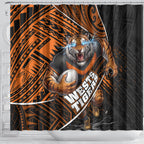 Wests Tigers Rugby Shower Curtain Tribal Polynesian Power Art - Lightning Mascot