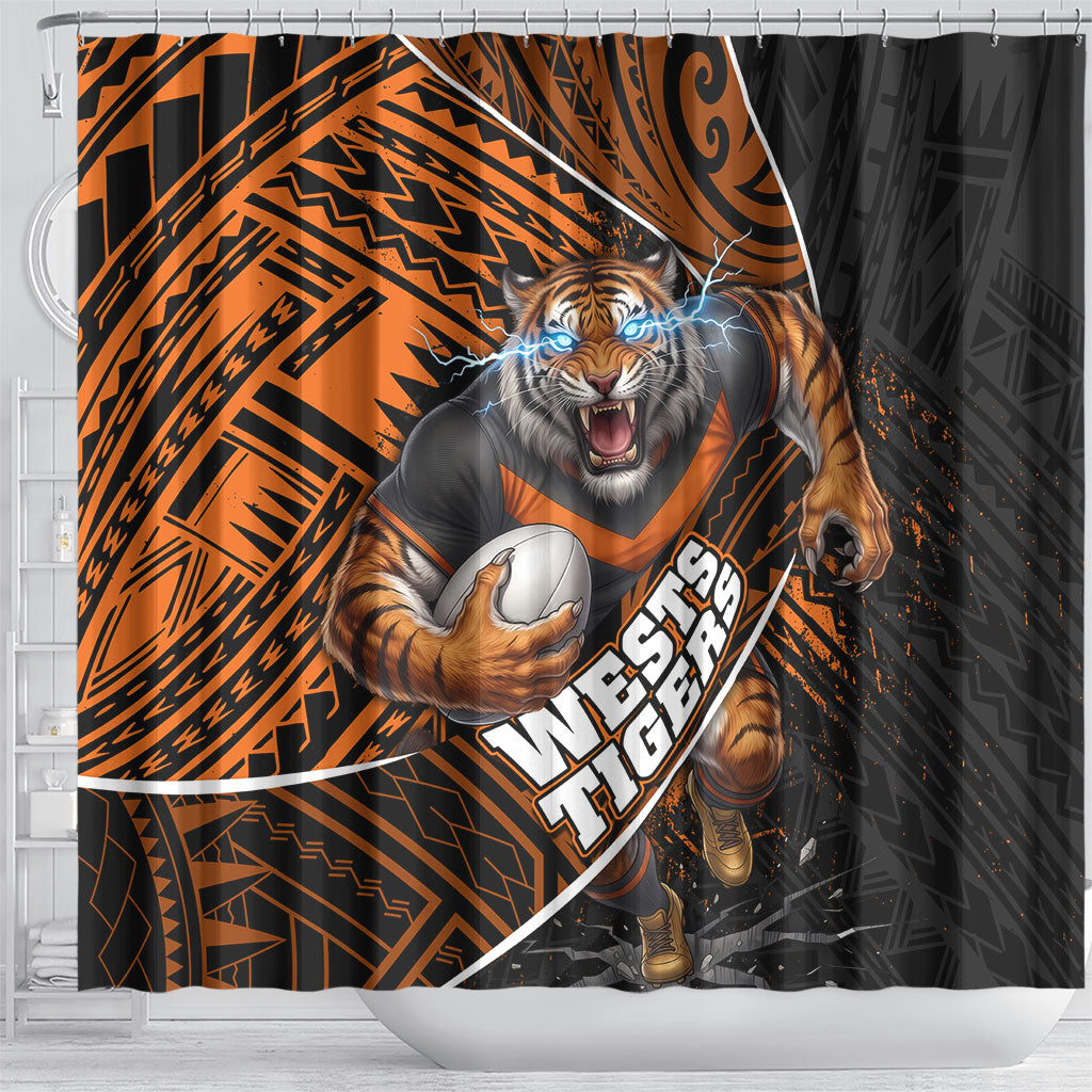 Wests Tigers Rugby Shower Curtain Tribal Polynesian Power Art - Lightning Mascot