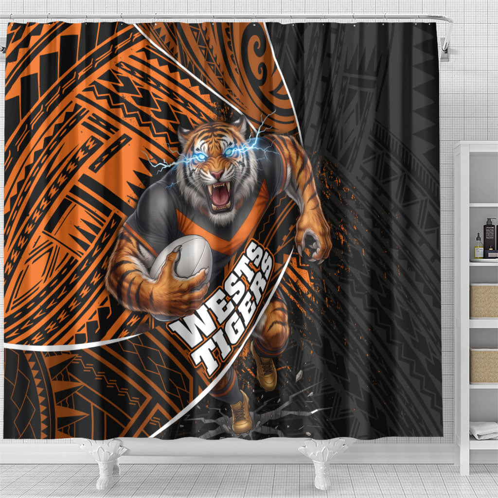 Wests Tigers Rugby Shower Curtain Tribal Polynesian Power Art - Lightning Mascot
