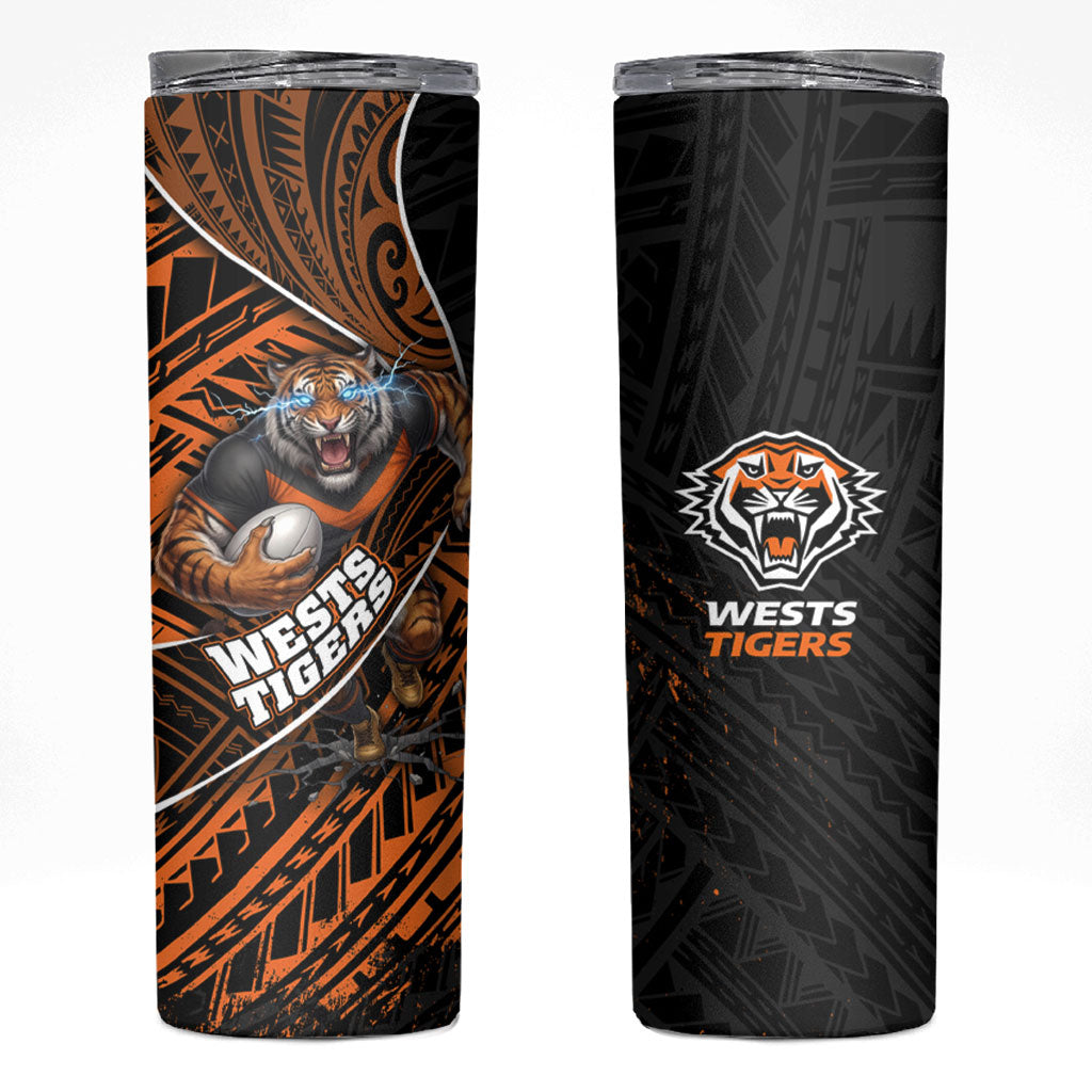 Wests Tigers Rugby Skinny Tumbler Tribal Polynesian Power Art - Lightning Mascot