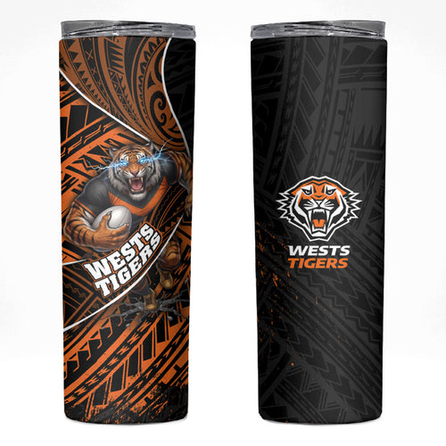 Wests Tigers Rugby Skinny Tumbler Tribal Polynesian Power Art - Lightning Mascot