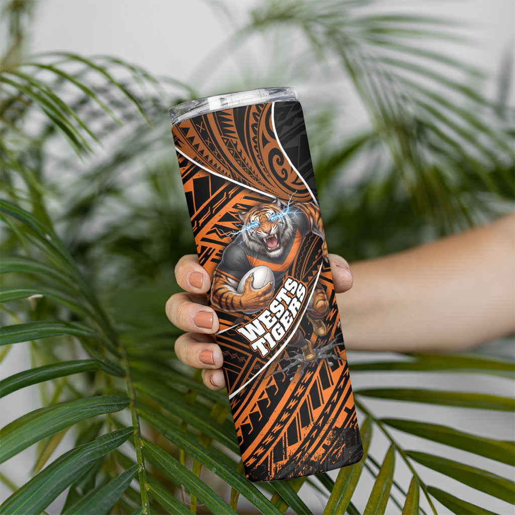 Wests Tigers Rugby Skinny Tumbler Tribal Polynesian Power Art - Lightning Mascot