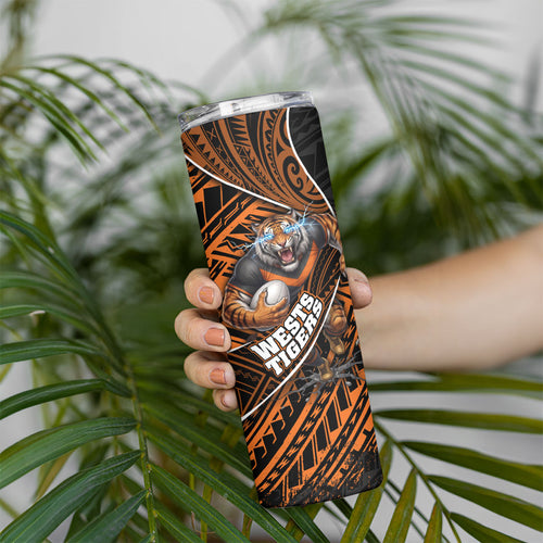 Wests Tigers Rugby Skinny Tumbler Tribal Polynesian Power Art - Lightning Mascot