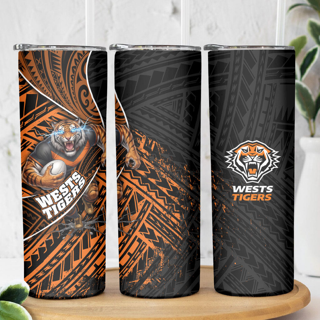 Wests Tigers Rugby Skinny Tumbler Tribal Polynesian Power Art - Lightning Mascot