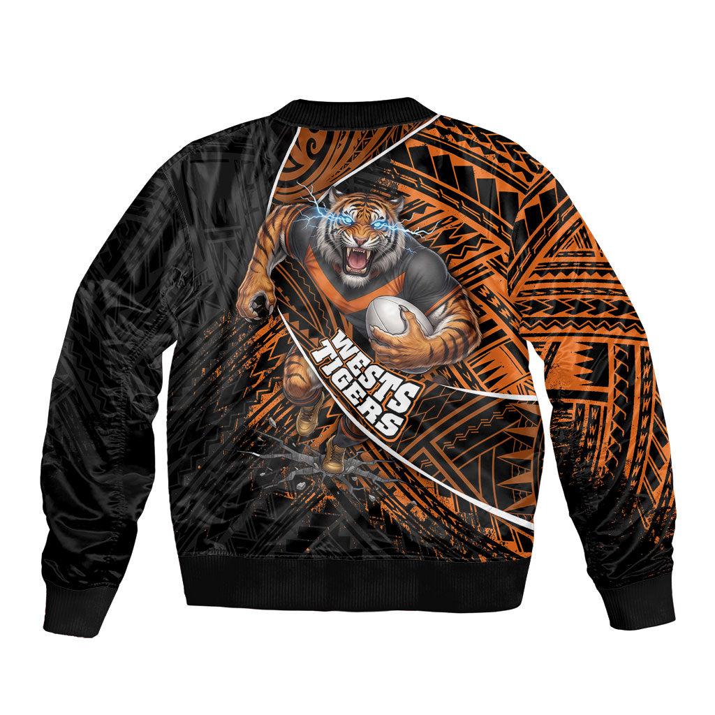 Wests Tigers Rugby Sleeve Zip Bomber Jacket Tribal Polynesian Power Art - Lightning Mascot