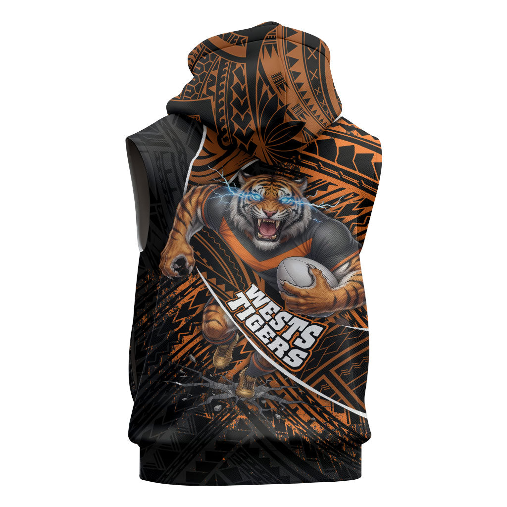 Wests Tigers Rugby Sleeveless Hoodie Tribal Polynesian Power Art - Lightning Mascot