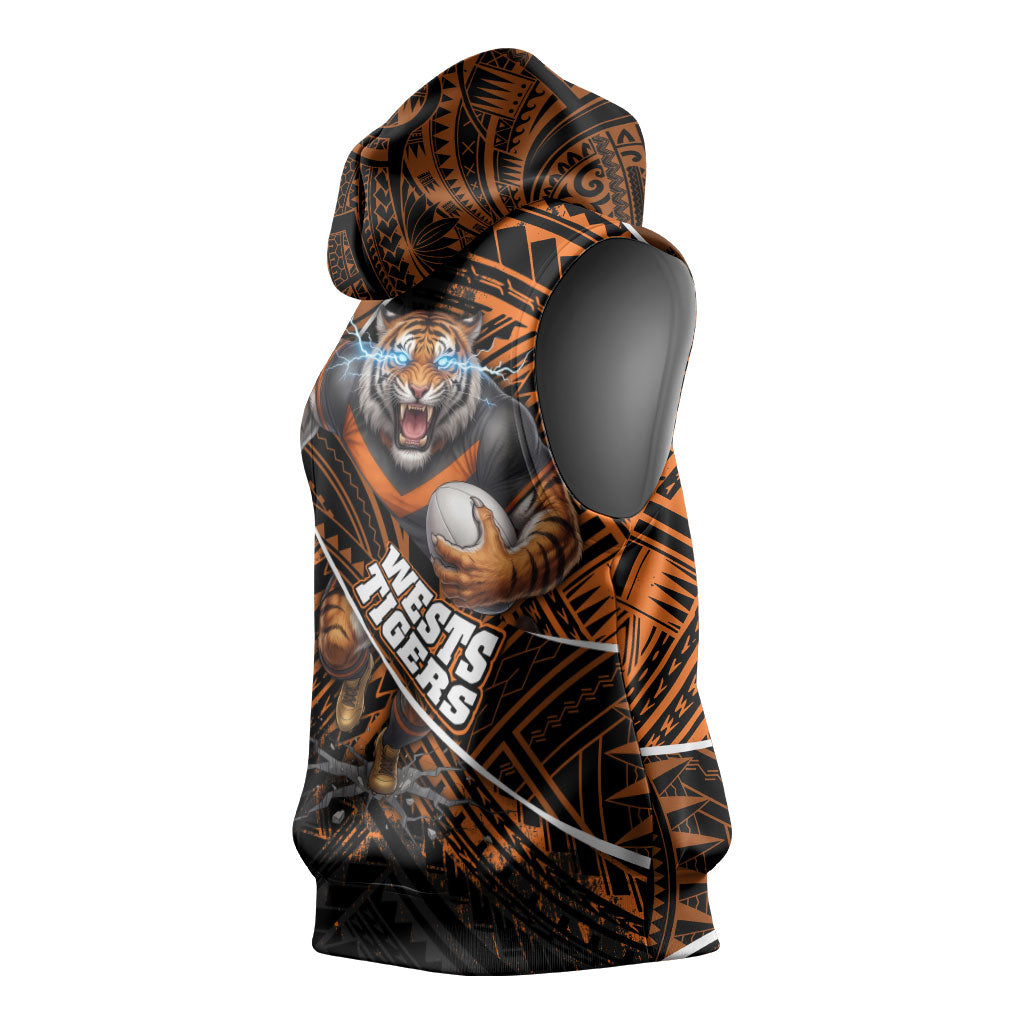 Wests Tigers Rugby Sleeveless Hoodie Tribal Polynesian Power Art - Lightning Mascot