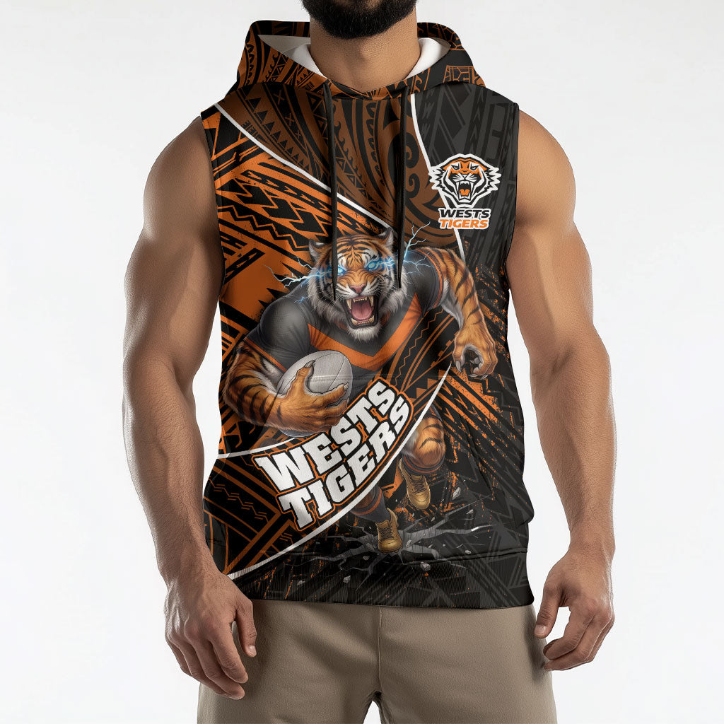 Wests Tigers Rugby Sleeveless Hoodie Tribal Polynesian Power Art - Lightning Mascot