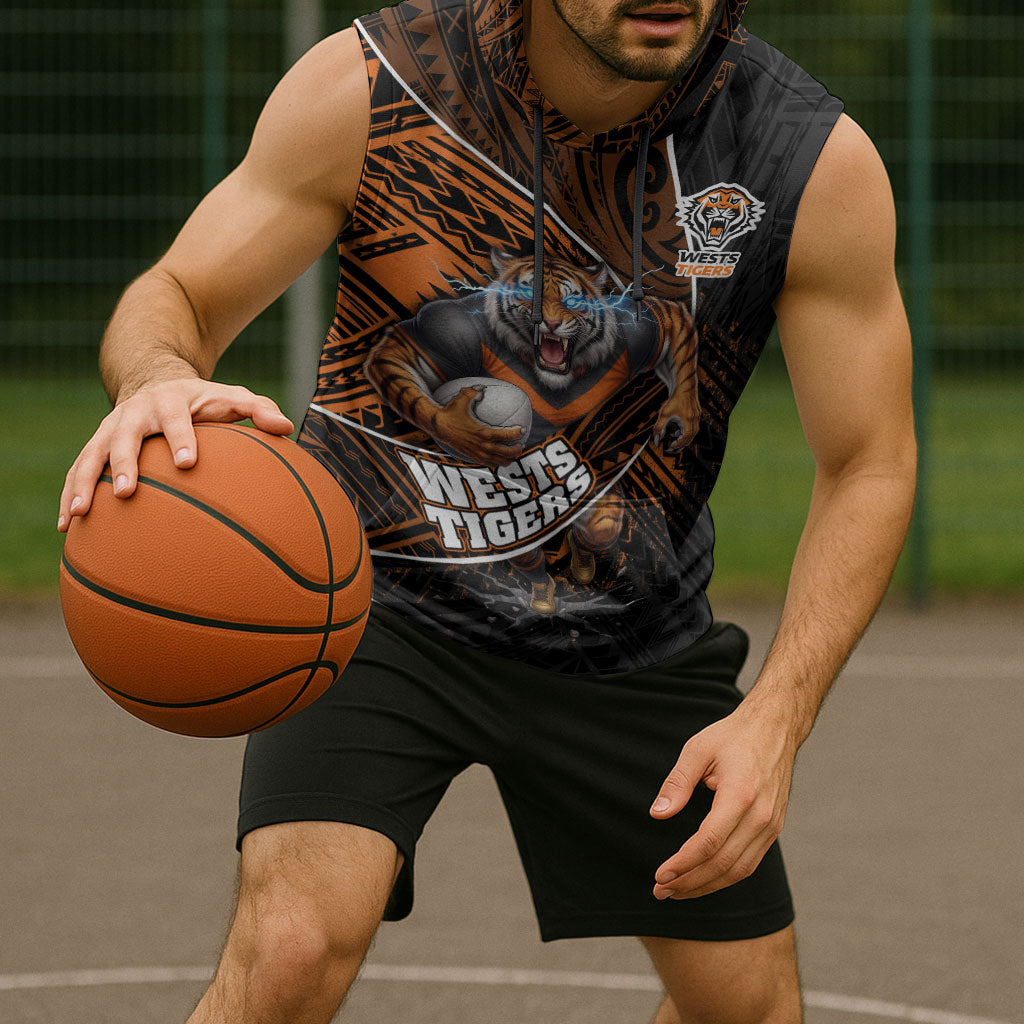 Wests Tigers Rugby Sleeveless Hoodie Tribal Polynesian Power Art - Lightning Mascot
