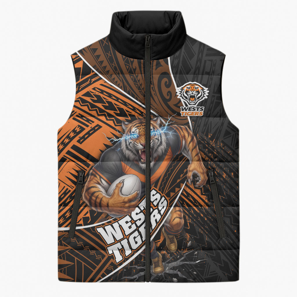 Wests Tigers Rugby Sleeveless Puffer Jacket Tribal Polynesian Power Art - Lightning Mascot