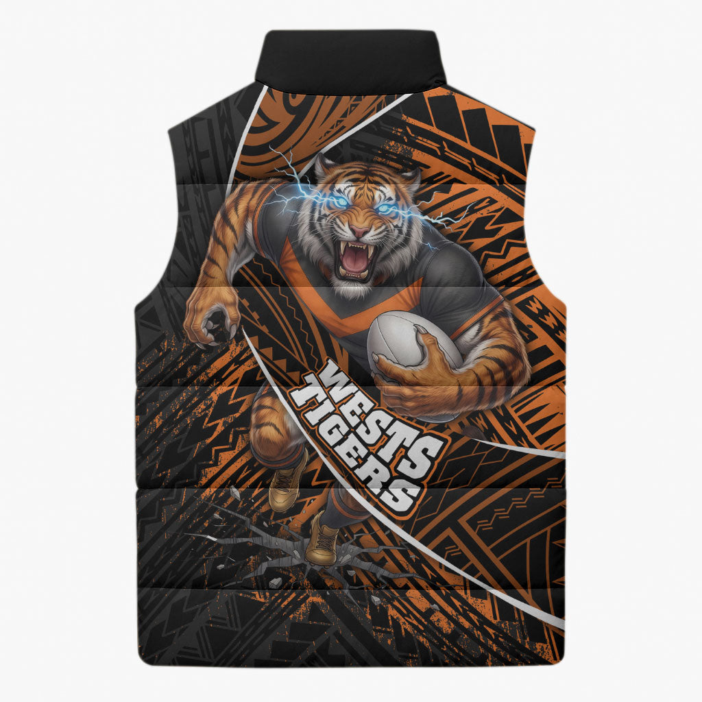 Wests Tigers Rugby Sleeveless Puffer Jacket Tribal Polynesian Power Art - Lightning Mascot