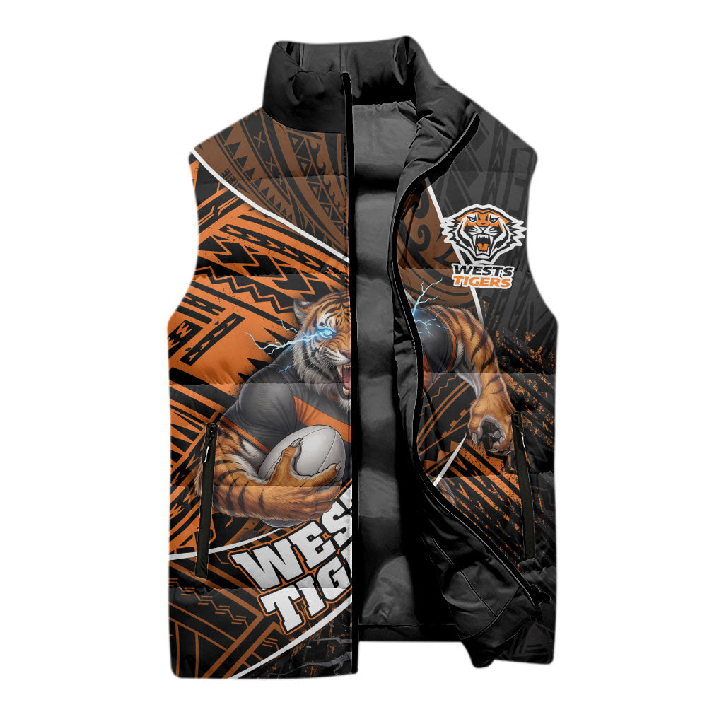 Wests Tigers Rugby Sleeveless Puffer Jacket Tribal Polynesian Power Art - Lightning Mascot