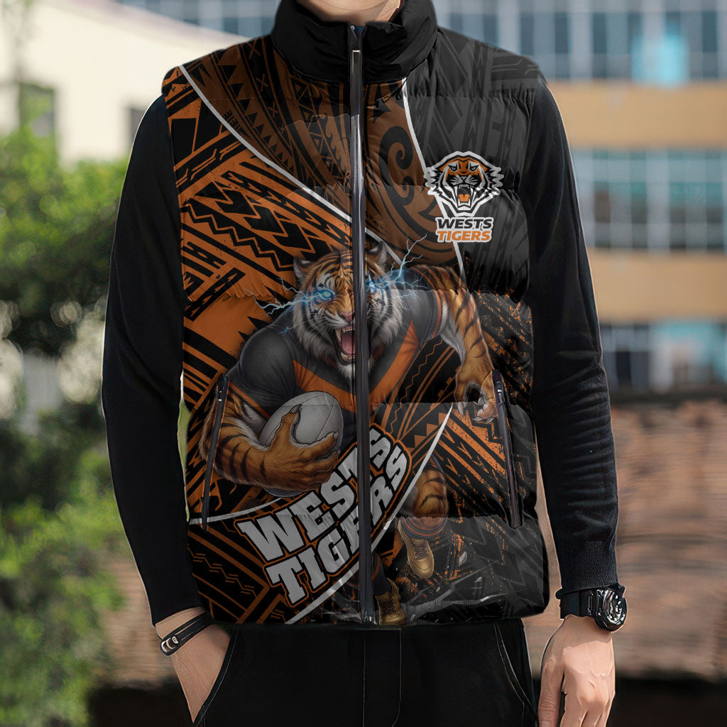 Wests Tigers Rugby Sleeveless Puffer Jacket Tribal Polynesian Power Art - Lightning Mascot