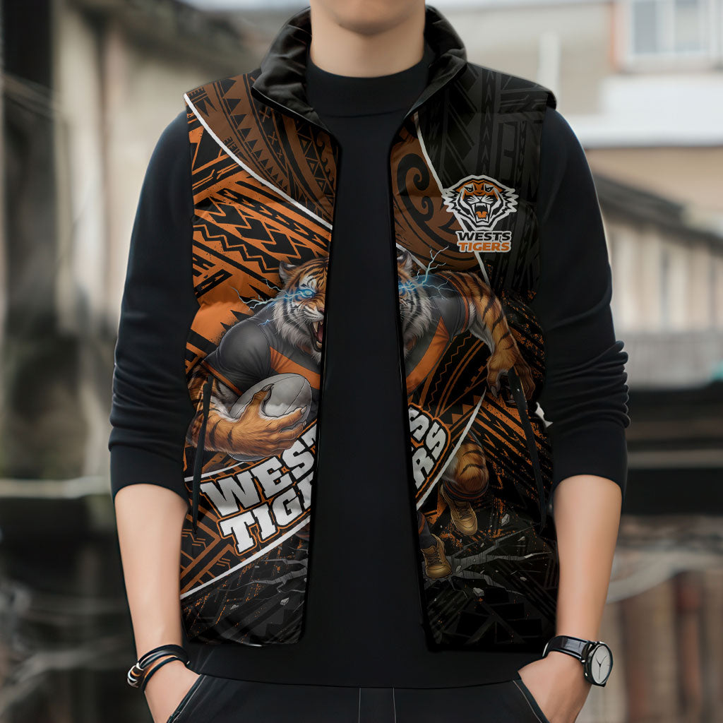 Wests Tigers Rugby Sleeveless Puffer Jacket Tribal Polynesian Power Art - Lightning Mascot
