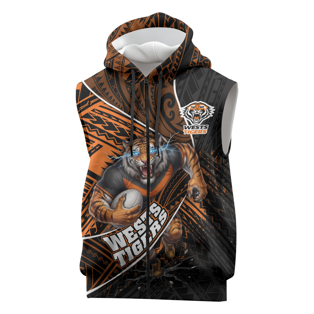 Wests Tigers Rugby Sleeveless Zip Hoodie Tribal Polynesian Power Art - Lightning Mascot