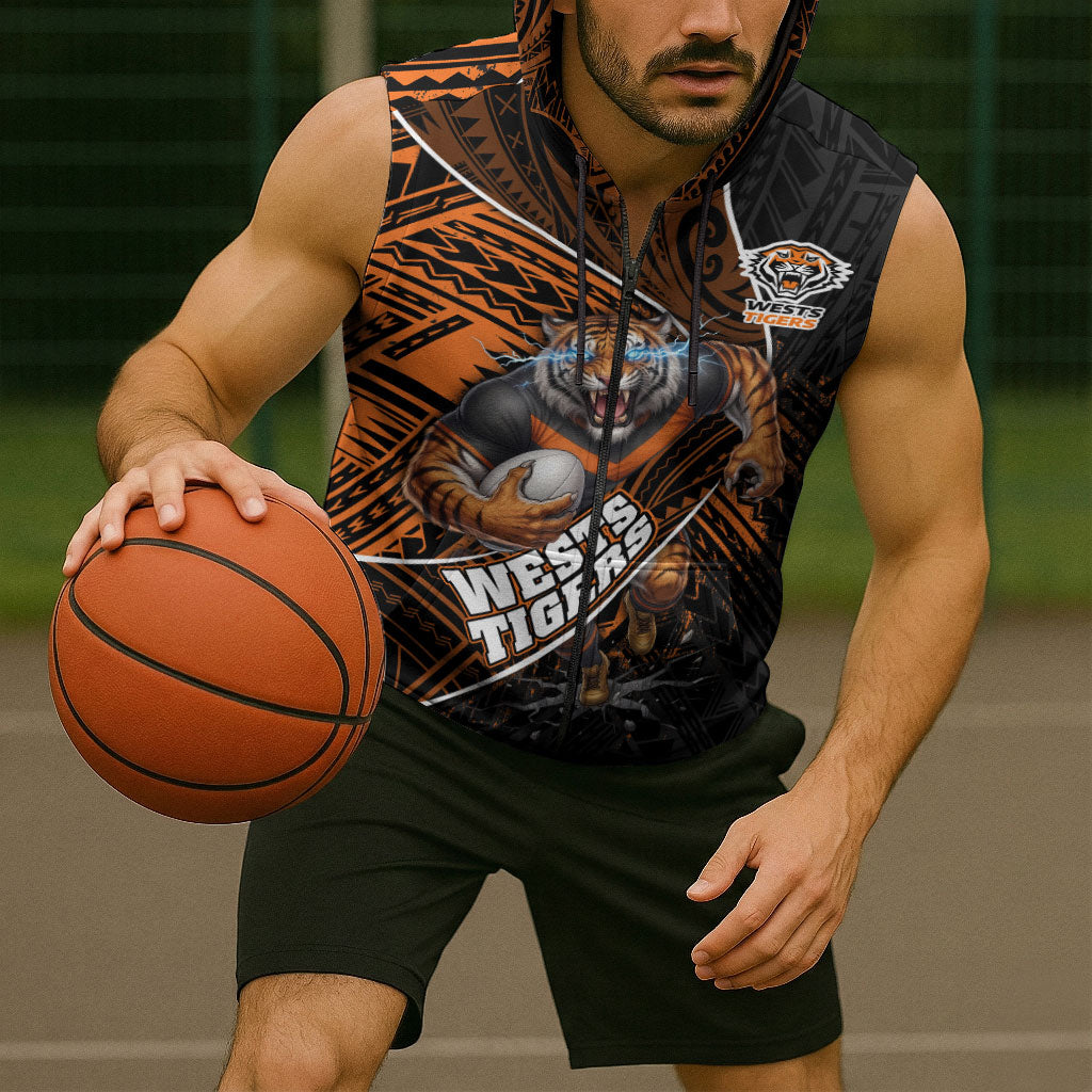 Wests Tigers Rugby Sleeveless Zip Hoodie Tribal Polynesian Power Art - Lightning Mascot