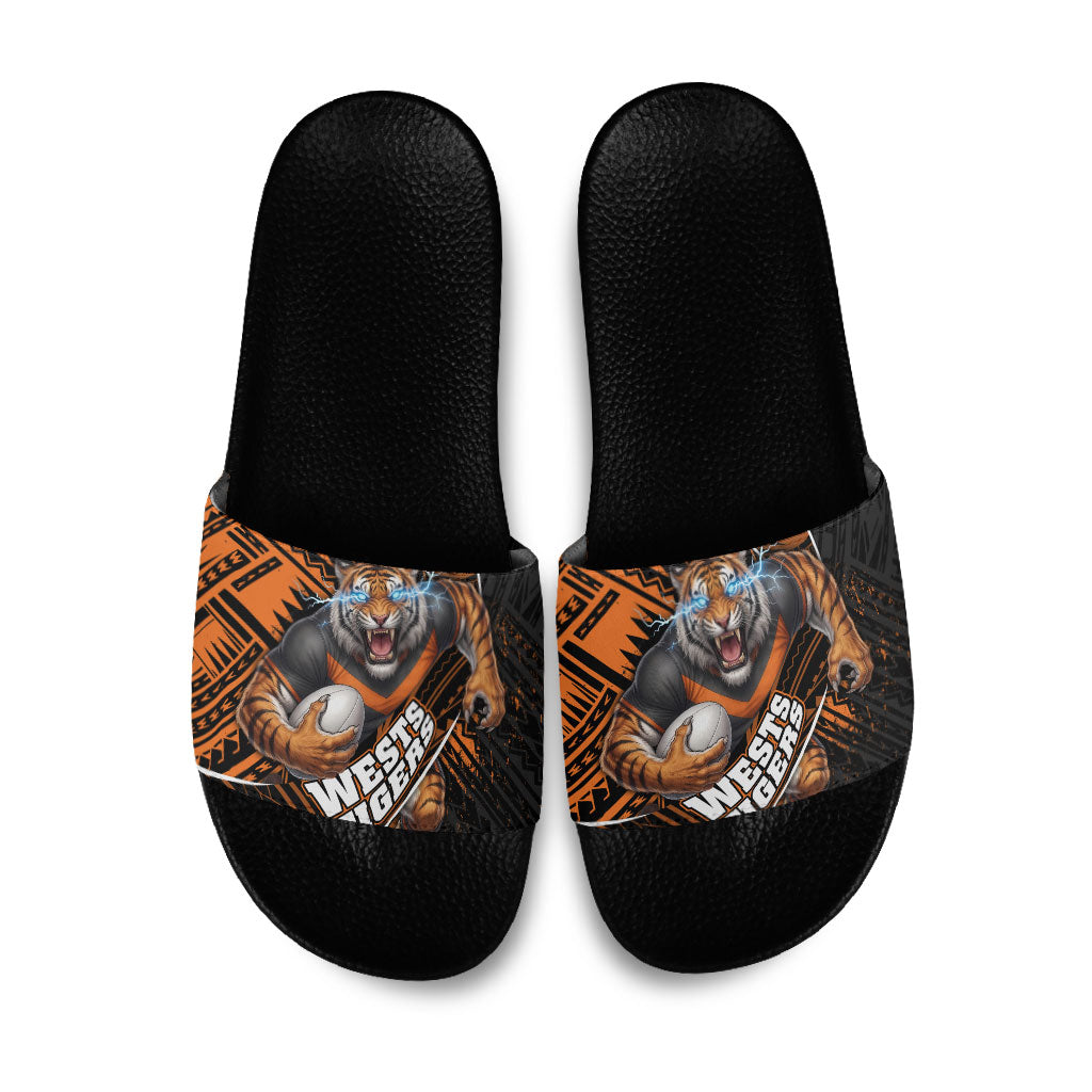 Wests Tigers Rugby Slide Sandals Tribal Polynesian Power Art - Lightning Mascot