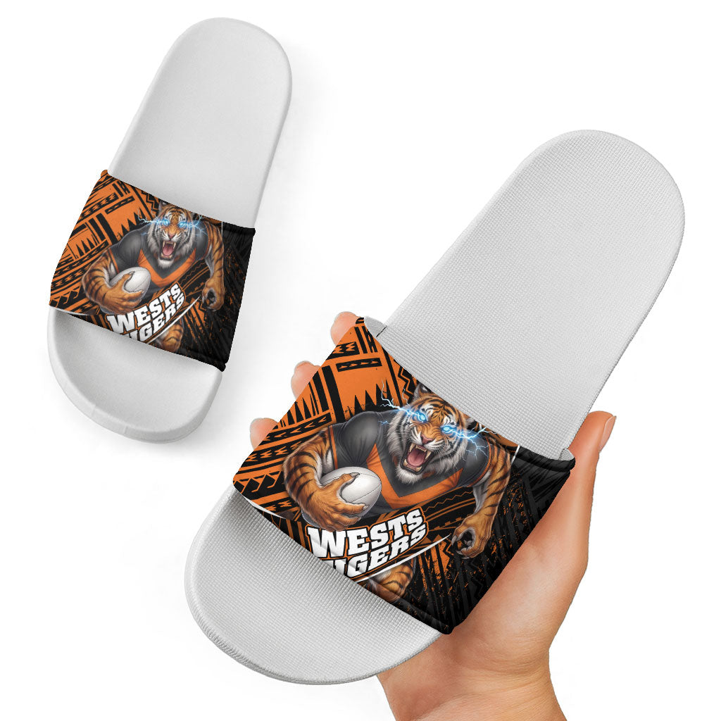Wests Tigers Rugby Slide Sandals Tribal Polynesian Power Art - Lightning Mascot