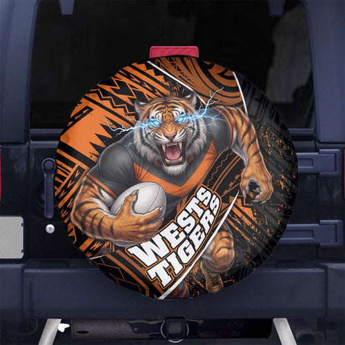 Wests Tigers Rugby Spare Tire Cover Tribal Polynesian Power Art - Lightning Mascot