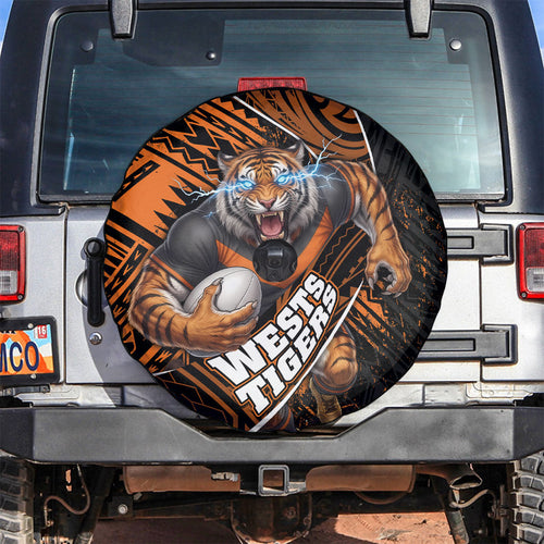 Wests Tigers Rugby Spare Tire Cover Tribal Polynesian Power Art - Lightning Mascot