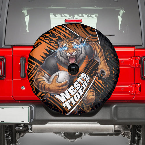 Wests Tigers Rugby Spare Tire Cover Tribal Polynesian Power Art - Lightning Mascot
