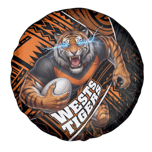 Wests Tigers Rugby Spare Tire Cover Tribal Polynesian Power Art - Lightning Mascot