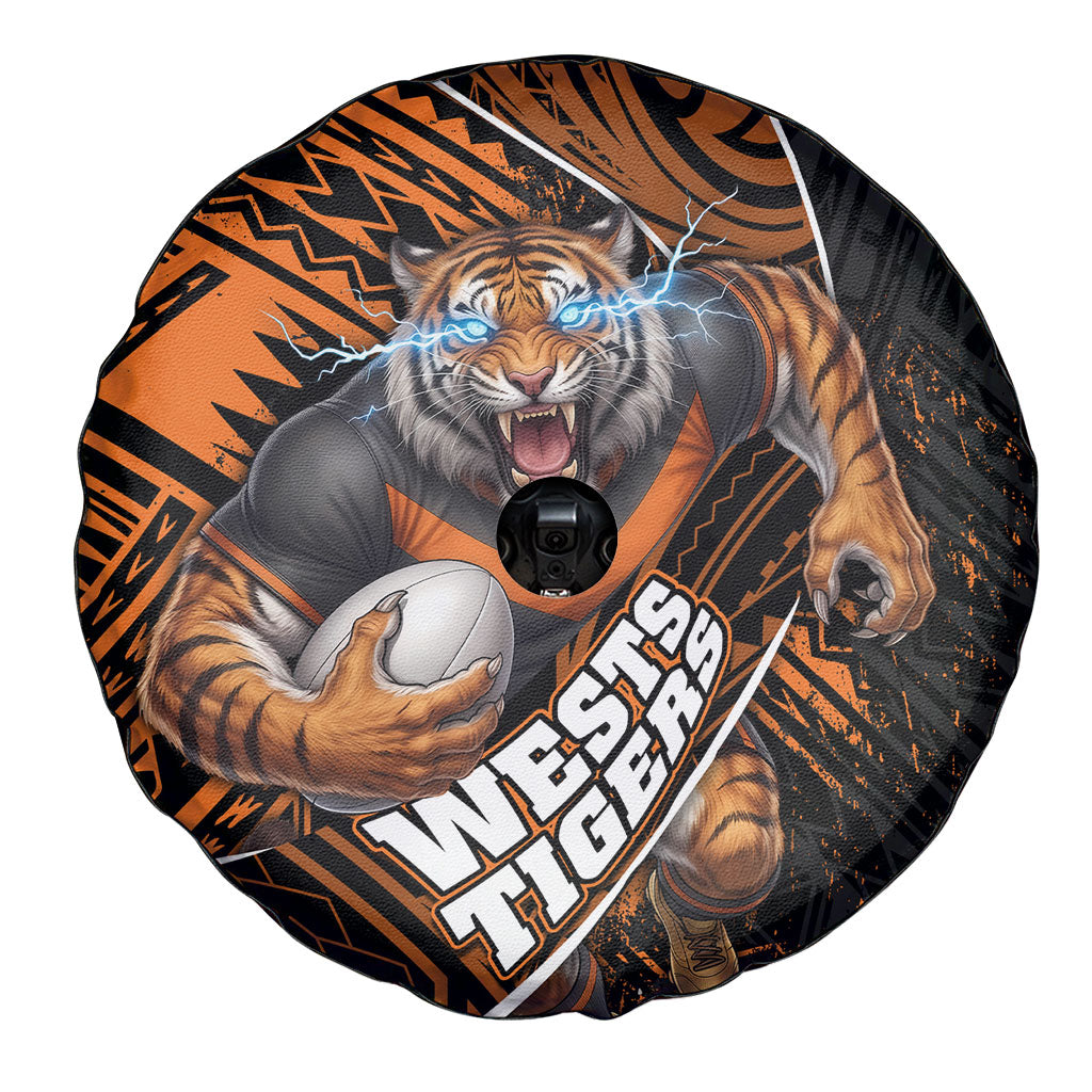 Wests Tigers Rugby Spare Tire Cover Tribal Polynesian Power Art - Lightning Mascot
