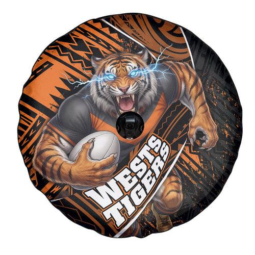 Wests Tigers Rugby Spare Tire Cover Tribal Polynesian Power Art - Lightning Mascot