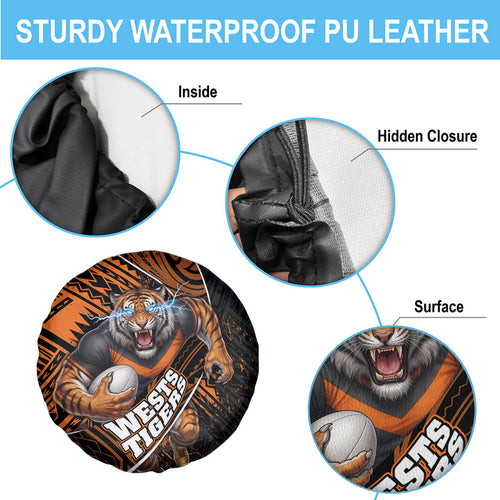 Wests Tigers Rugby Spare Tire Cover Tribal Polynesian Power Art - Lightning Mascot
