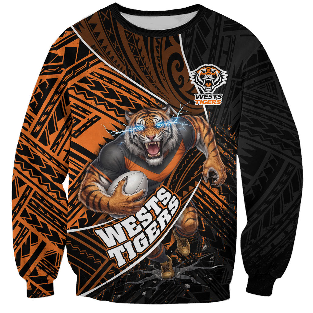 Wests Tigers Rugby Sweatshirt Tribal Polynesian Power Art - Lightning Mascot
