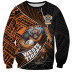 Wests Tigers Rugby Sweatshirt Tribal Polynesian Power Art - Lightning Mascot