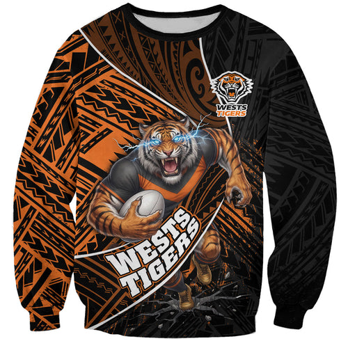 Wests Tigers Rugby Sweatshirt Tribal Polynesian Power Art - Lightning Mascot
