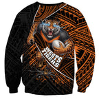 Wests Tigers Rugby Sweatshirt Tribal Polynesian Power Art - Lightning Mascot