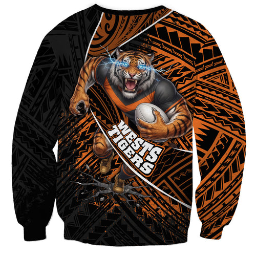 Wests Tigers Rugby Sweatshirt Tribal Polynesian Power Art - Lightning Mascot