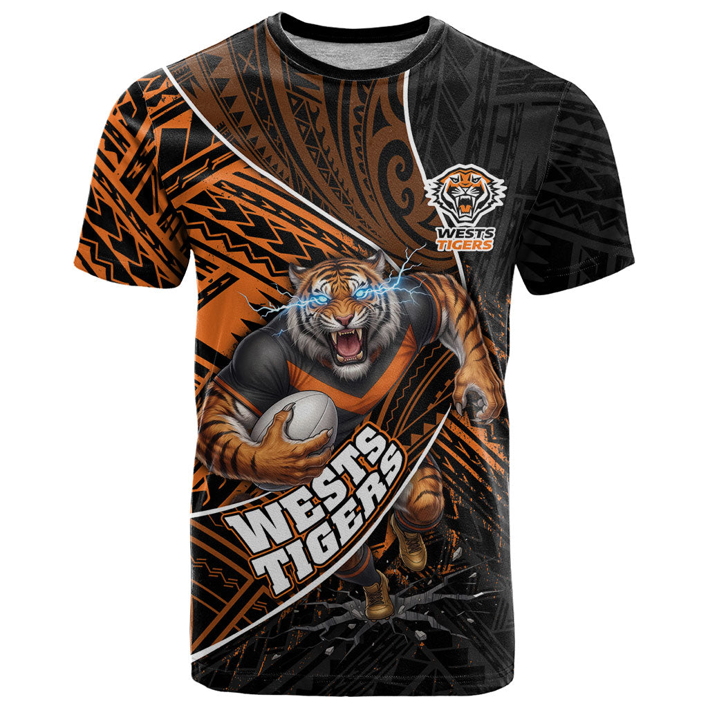 Wests Tigers Rugby T Shirt Tribal Polynesian Power Art - Lightning Mascot
