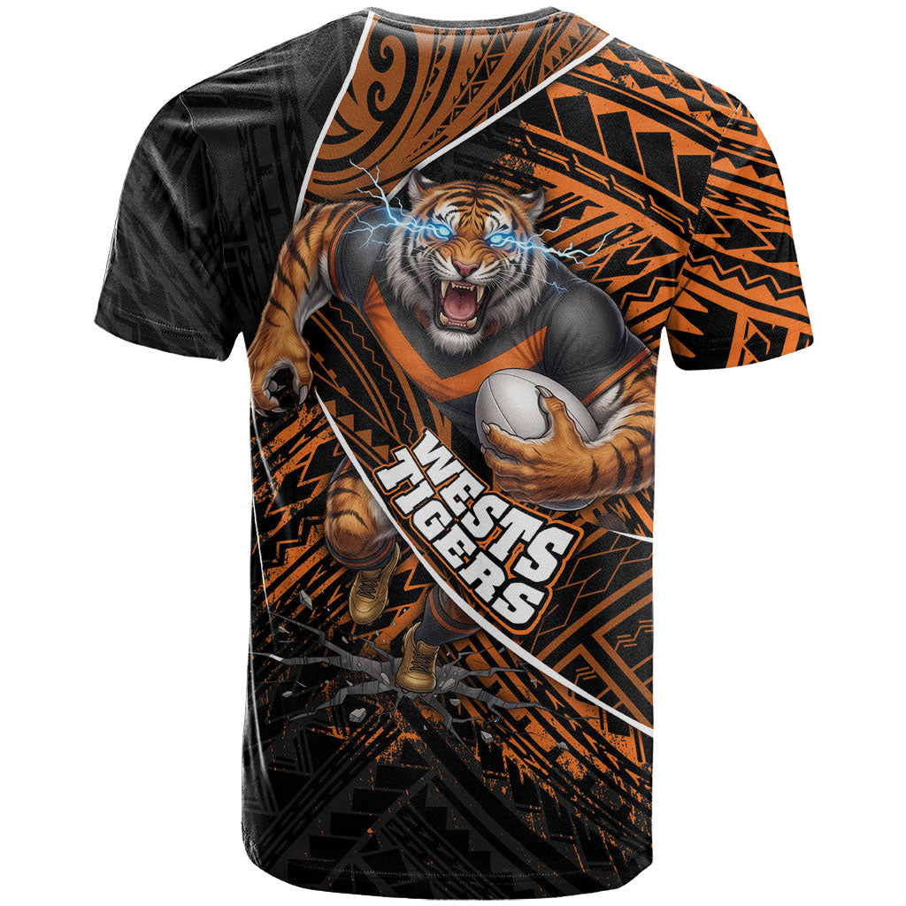 Wests Tigers Rugby T Shirt Tribal Polynesian Power Art - Lightning Mascot