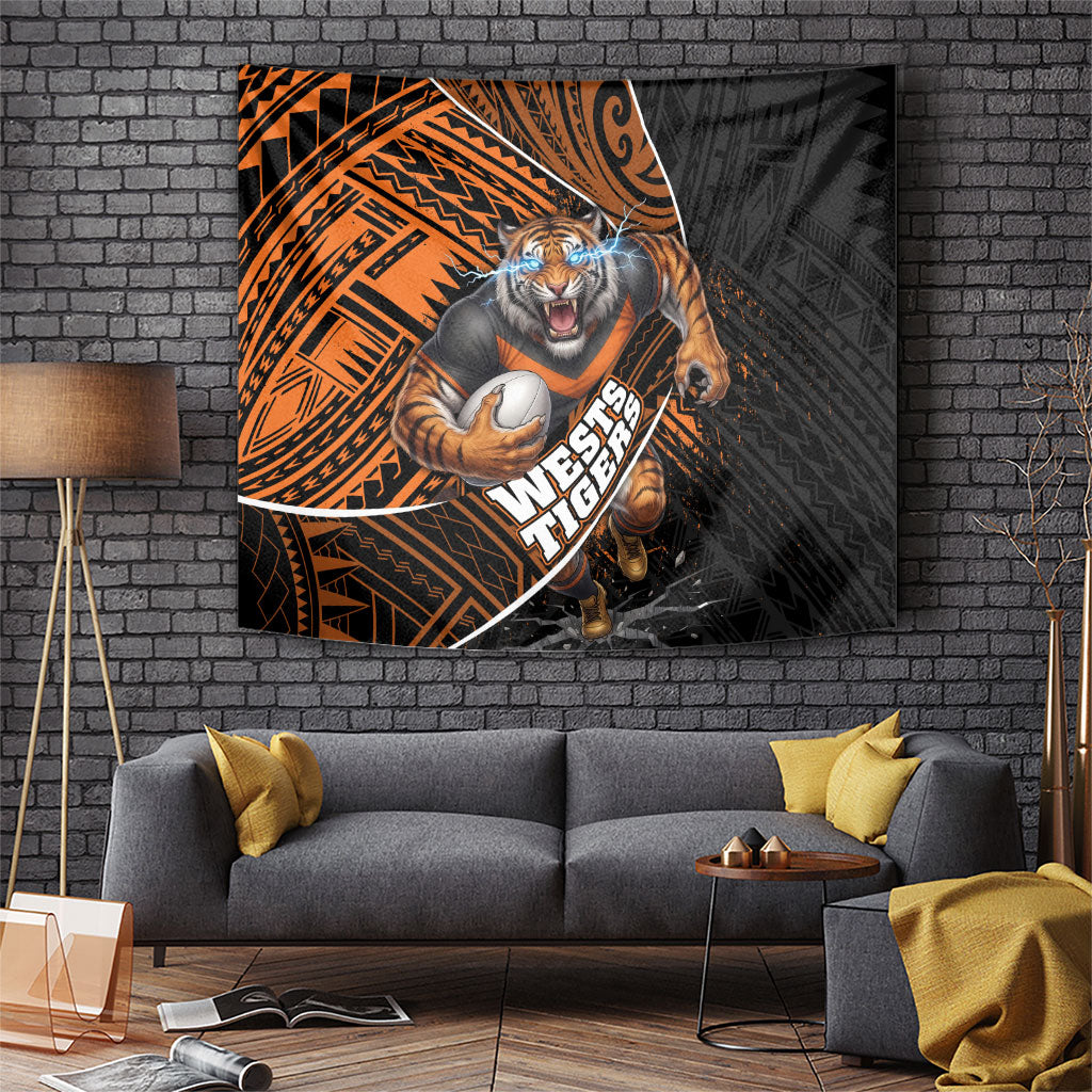 Wests Tigers Rugby Tapestry Tribal Polynesian Power Art - Lightning Mascot