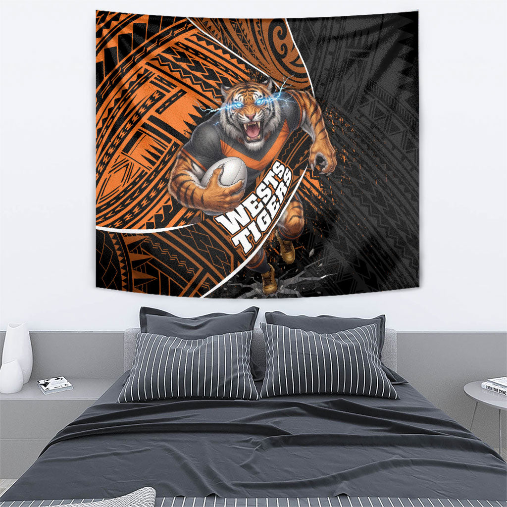 Wests Tigers Rugby Tapestry Tribal Polynesian Power Art - Lightning Mascot