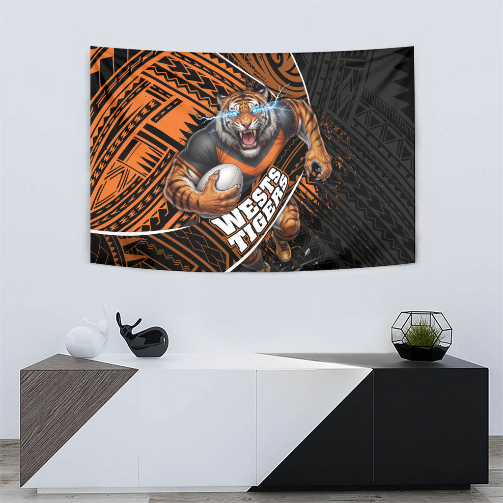 Wests Tigers Rugby Tapestry Tribal Polynesian Power Art - Lightning Mascot